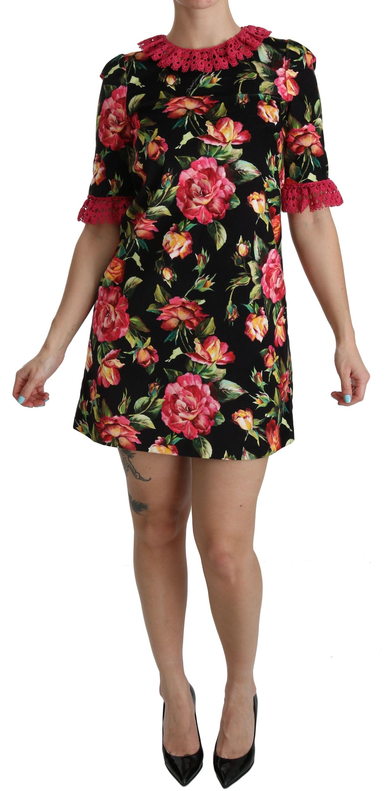 Robe Dolce & Gabbana A-Line noire à fleurs roses