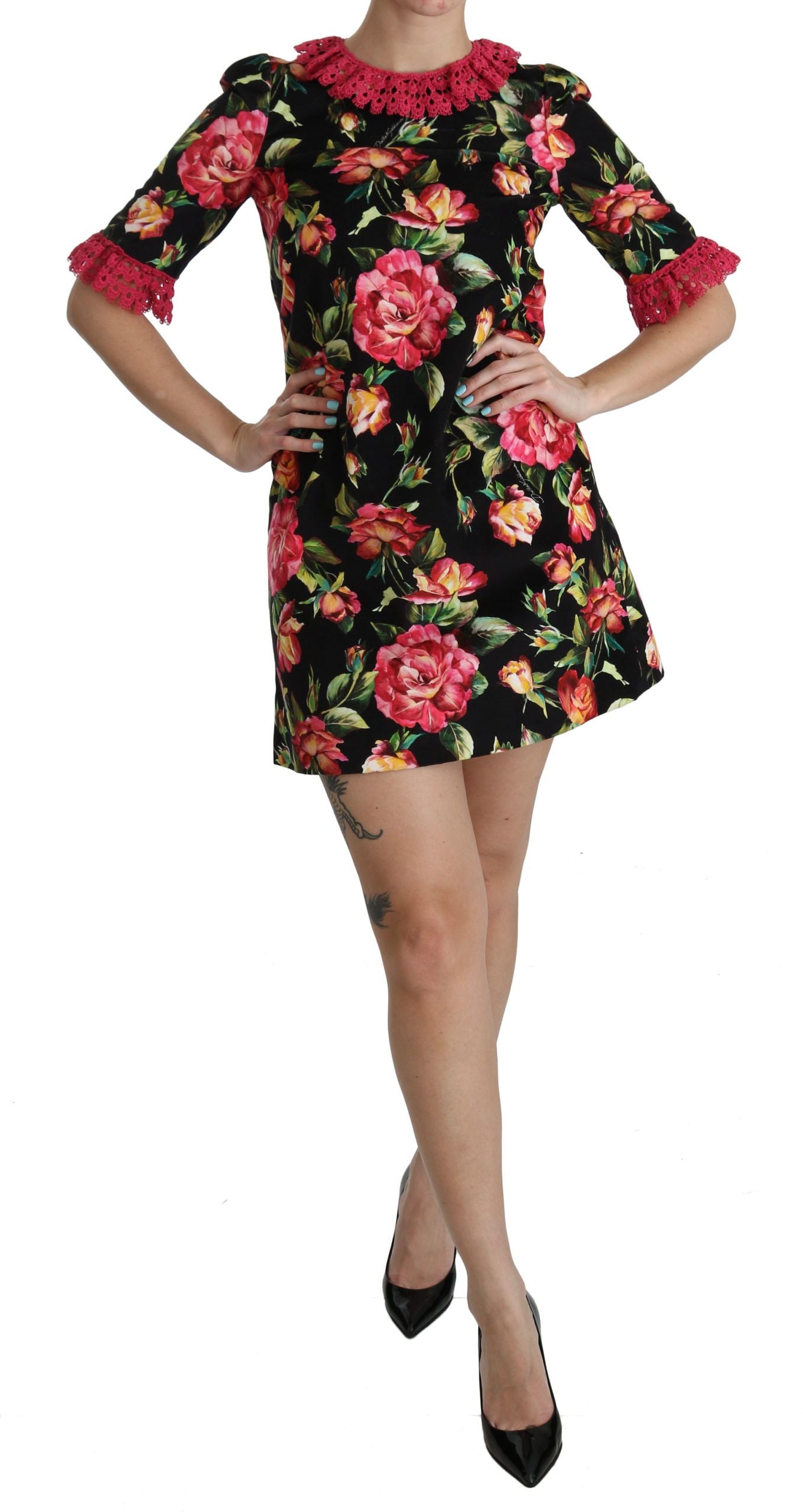 Robe Dolce & Gabbana A-Line noire à fleurs roses