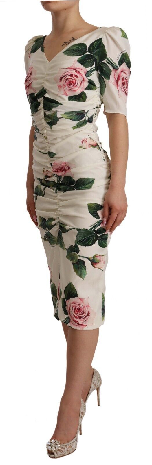 Robe Dolce & Gabbana plissée blanche avec roses pink