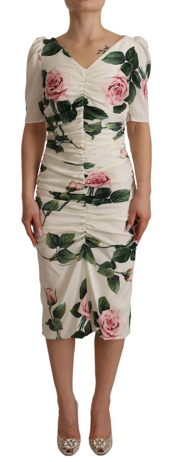 Robe Dolce & Gabbana plissée blanche avec roses pink